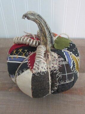 Crazy Quilt Pumpkin w/ Real Stem Large Size Fall Thanksgiving Decor